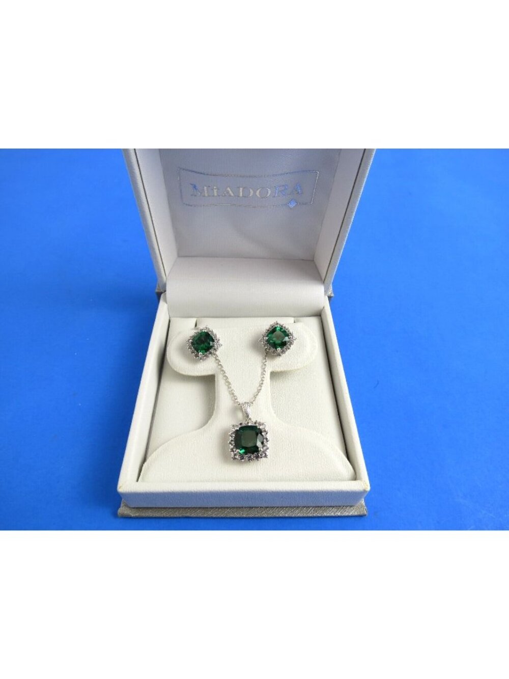 Miadora Sterling Silver 925 Earrings and Necklace Set Green Stone